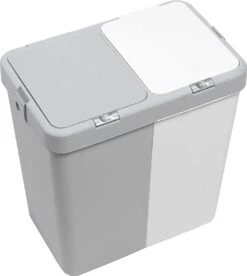 Motek® - Wasmand - 2 Vakken Met Deksel - Met Touch Deksel - Gemaakt Van 100% Gerecycled Kunststof - 80 L - Wasmand Met Deksel - Wassorteerder - Grijs - Wit -Schoonmaakartikelen Winkel 1072x1200