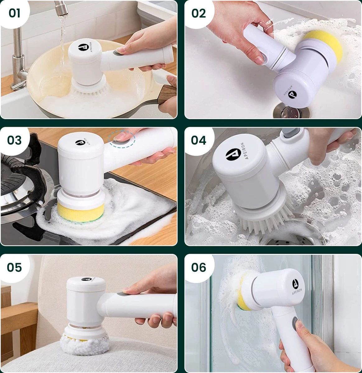 Apeiron Elektrische Schoonmaakborstel - Poetsmachine - Poliermachine - Schrobborstel - Handborstel - Werkborstel - Schrobber - Boorborstel - Wasborstel - Schoonmaakmiddelen - Reinigingsborstel - 3 Opzetstukken 5 Apeiron Elektrische Schoonmaakborstel - Poetsmachine - Poliermachine - Schrobborstel - Handborstel - Werkborstel - Schrobber - Boorborstel - Wasborstel - Schoonmaakmiddelen - Reinigingsborstel - 3 Opzetstukken - Afbeelding 3