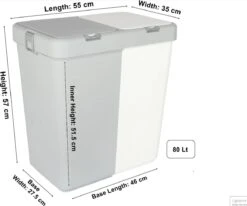 Motek® - Wasmand - 2 Vakken Met Deksel - Met Touch Deksel - Gemaakt Van 100% Gerecycled Kunststof - 80 L - Wasmand Met Deksel - Wassorteerder - Grijs - Wit -Schoonmaakartikelen Winkel 1200x1000 4