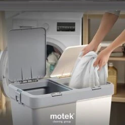 Motek® - Wasmand - 2 Vakken Met Deksel - Met Touch Deksel - Gemaakt Van 100% Gerecycled Kunststof - 80 L - Wasmand Met Deksel - Wassorteerder - Grijs - Wit -Schoonmaakartikelen Winkel 1200x1198 54
