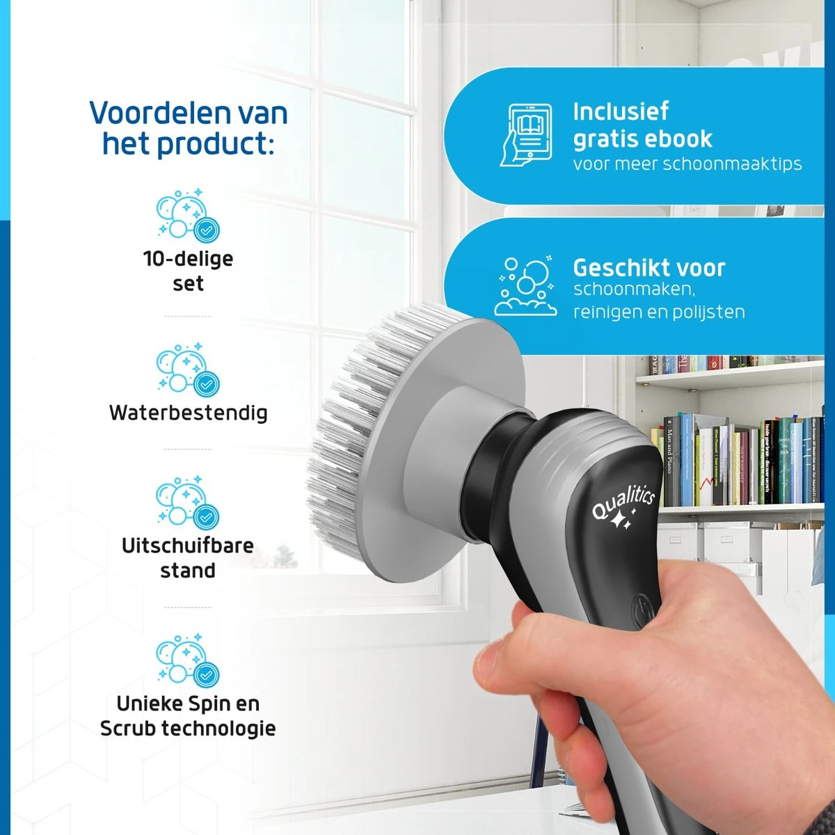 Qualitics Elektrische Schoonmaakborstel - Roterende Polijstmachine - Schrobborstel - Poetsmachine - Vloerreiniger Met 10 Opzetstukken 10 Qualitics Elektrische Schoonmaakborstel - Roterende Polijstmachine - Schrobborstel - Poetsmachine - Vloerreiniger Met 10 Opzetstukken - Afbeelding 8