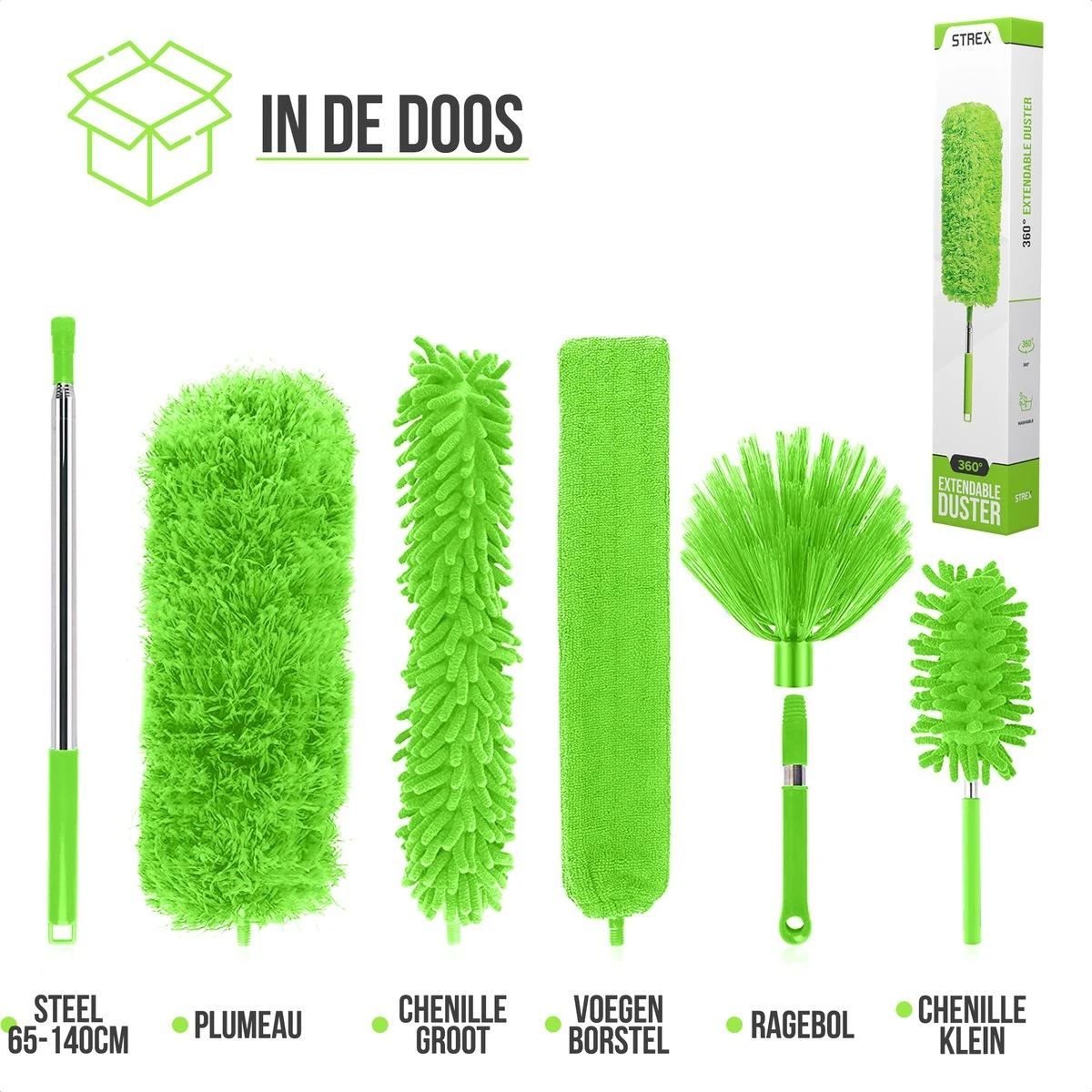 Strex Telescopische Plumeau Set Met Telescoopsteel - 60 Tot 140 Cm - Uitschuifbaar - Flexibel - Microvezel Ragebol - 5-Delige Schoonmaak Set 12 Strex Telescopische Plumeau Set Met Telescoopsteel - 60 Tot 140 Cm - Uitschuifbaar - Flexibel - Microvezel Ragebol - 5-Delige Schoonmaak Set - Afbeelding 10