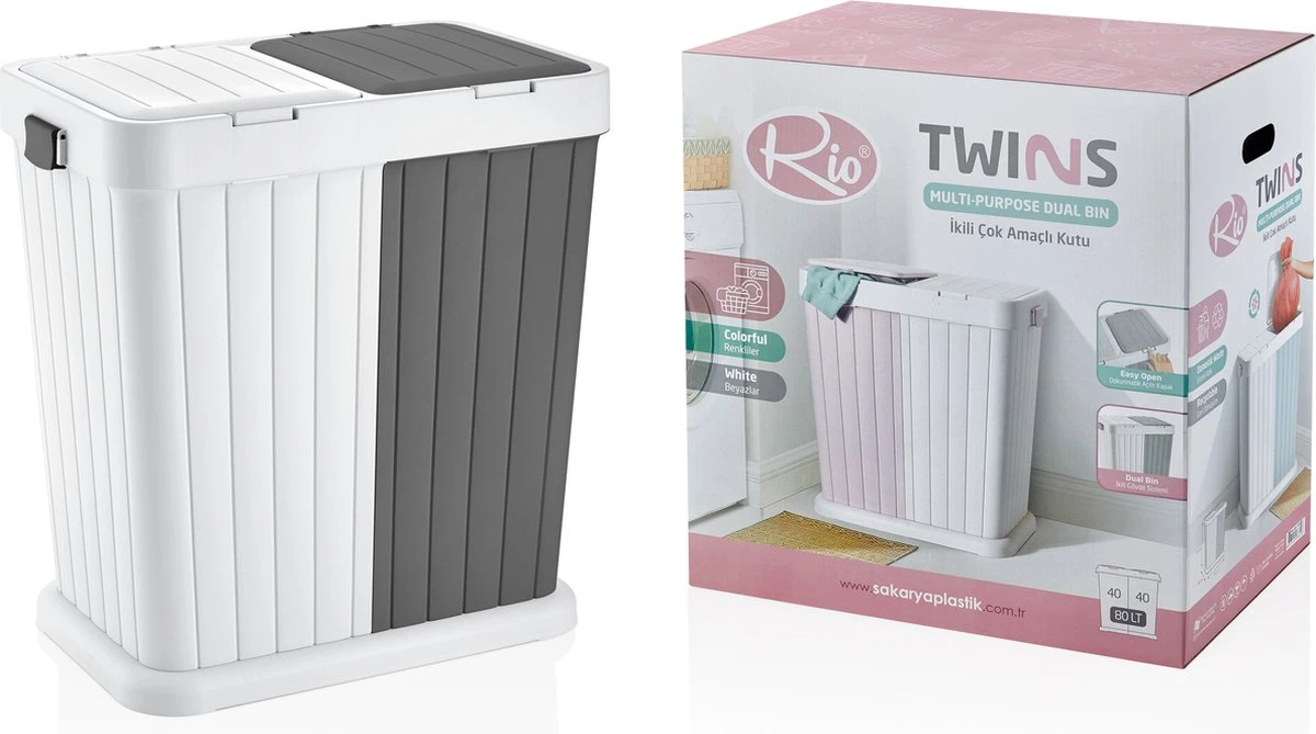 Sumpas - Wasmand - 2 Vakken - Met Touch Deksel - 80 Liter - Antraciet/Wit - 100% Gerecycled Plastic 5 Sumpas - Wasmand - 2 Vakken - Met Touch Deksel - 80 Liter - Antraciet/Wit - 100% Gerecycled Plastic - Afbeelding 3