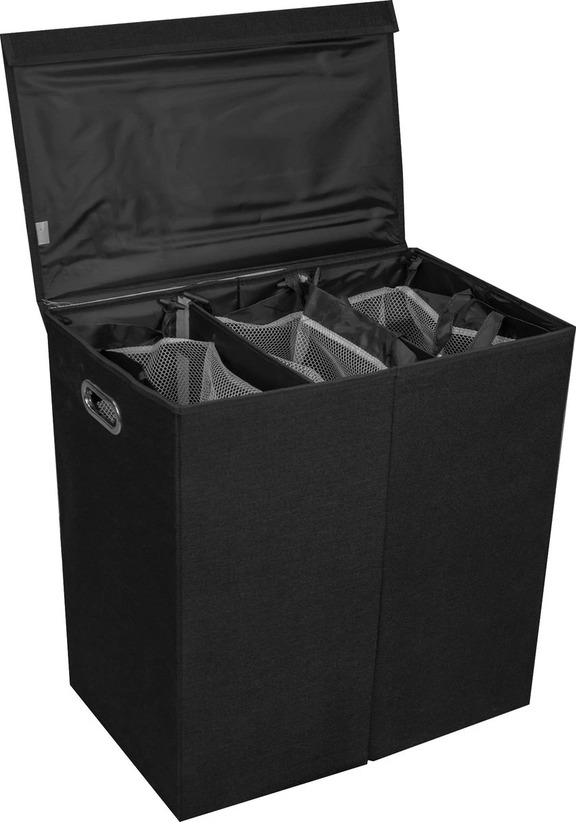 LIVILO - Wasmand 3 Vakken Wassorteerder Met Deksel – Opvouwbaar 3 Vakken– 120 Liter – Met 3 Uitneembare Waszakken – Stoffen Wasmand – Zwart 3 LIVILO - Wasmand 3 Vakken Wassorteerder Met Deksel – Opvouwbaar 3 Vakken– 120 Liter – Met 3 Uitneembare Waszakken – Stoffen Wasmand – Zwart