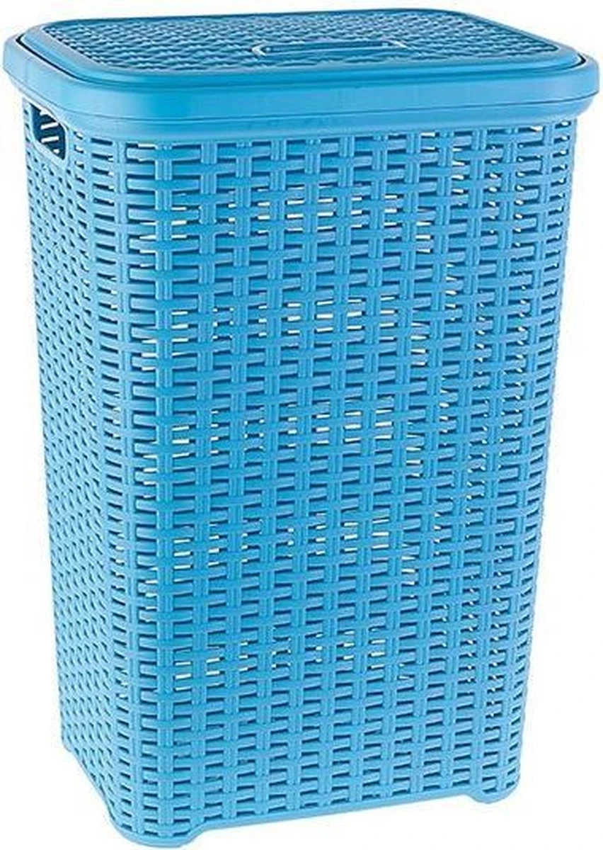 Grote Rotan Wasmand/opbergmand Met Deksel 60 Liter In Kleur Lichtblauw - Kunststof - L35 X B43 X H62 Cm - Wasmanden 3 Grote Rotan Wasmand/opbergmand Met Deksel 60 Liter In Kleur Lichtblauw - Kunststof - L35 X B43 X H62 Cm - Wasmanden